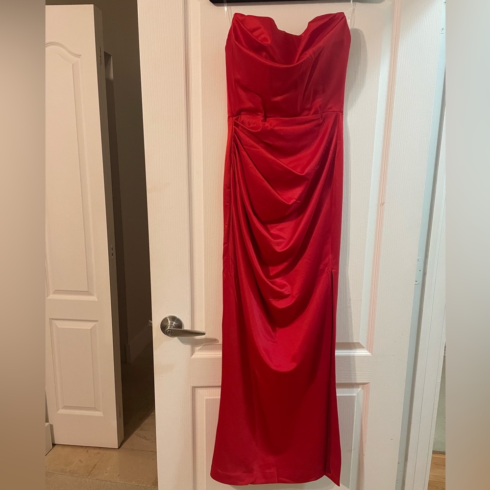House of CB Red Strapless Draped Satin Gown